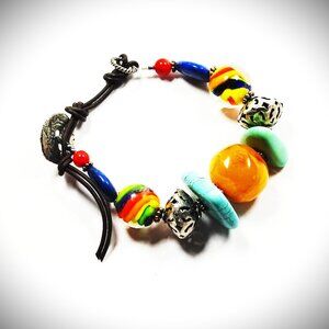 VINTAGE Sterling Silver Copal Amber Art Glass Turquoise Lapis Lazuli Bracelet